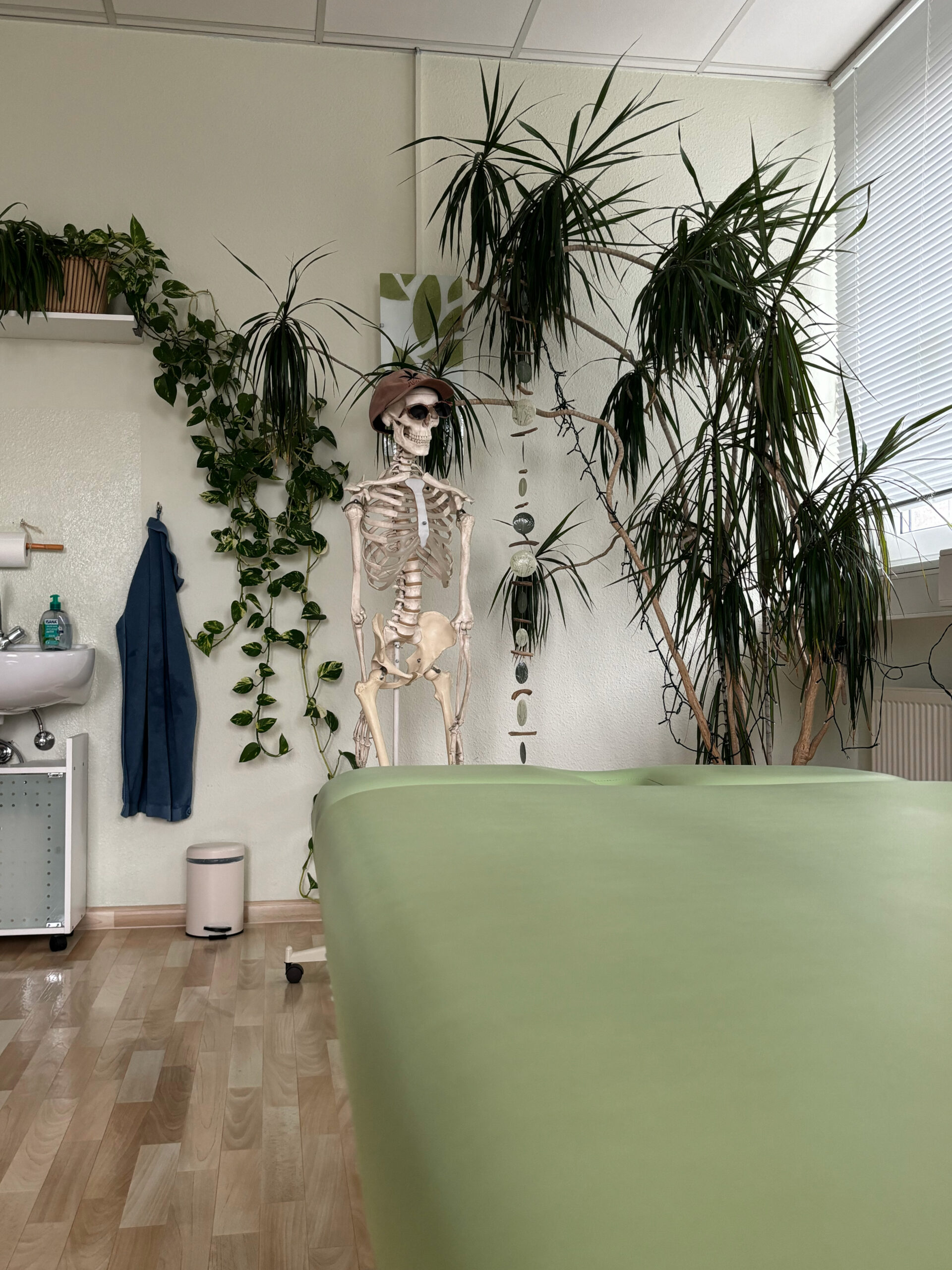 Ein Behandlungsraum mit hellen Farben, vielen Pflanzen und einem Skelett mit Kappe und Sonnenbrille